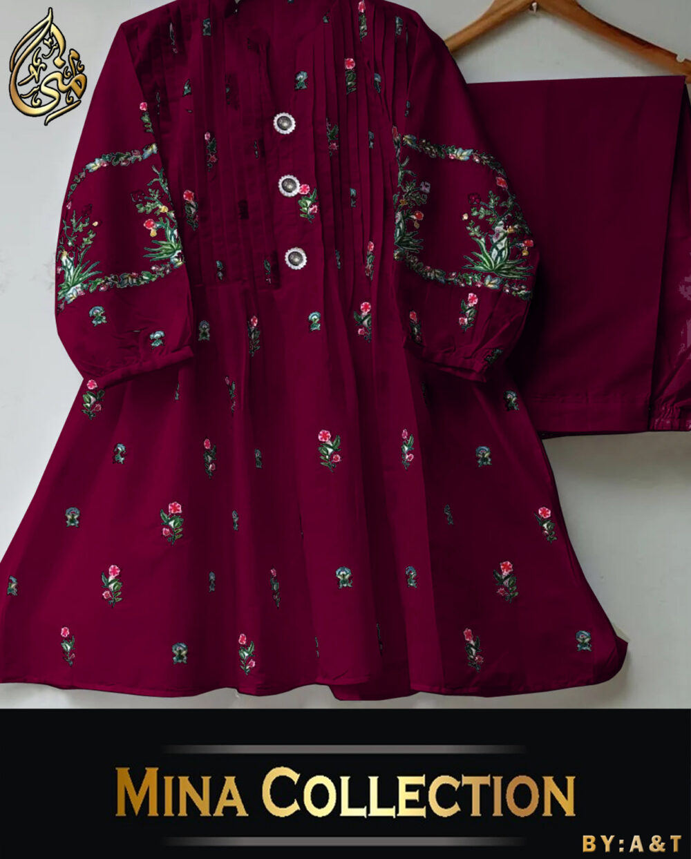 Neck Embroidered, Button Shirt With Trouser 2 Piece - Image 4