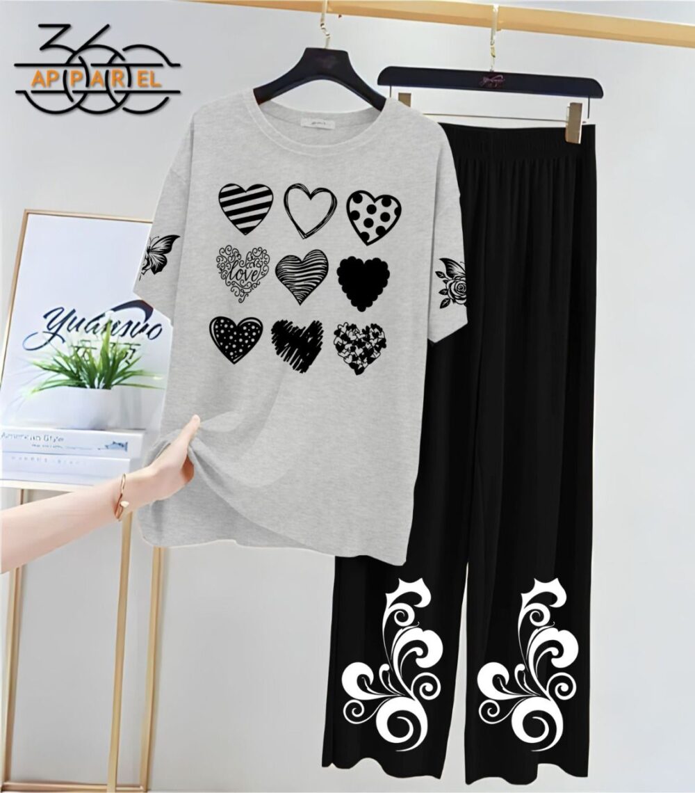 Grey & Black Women Printed Night Suit Fabric Jersey - Image 1