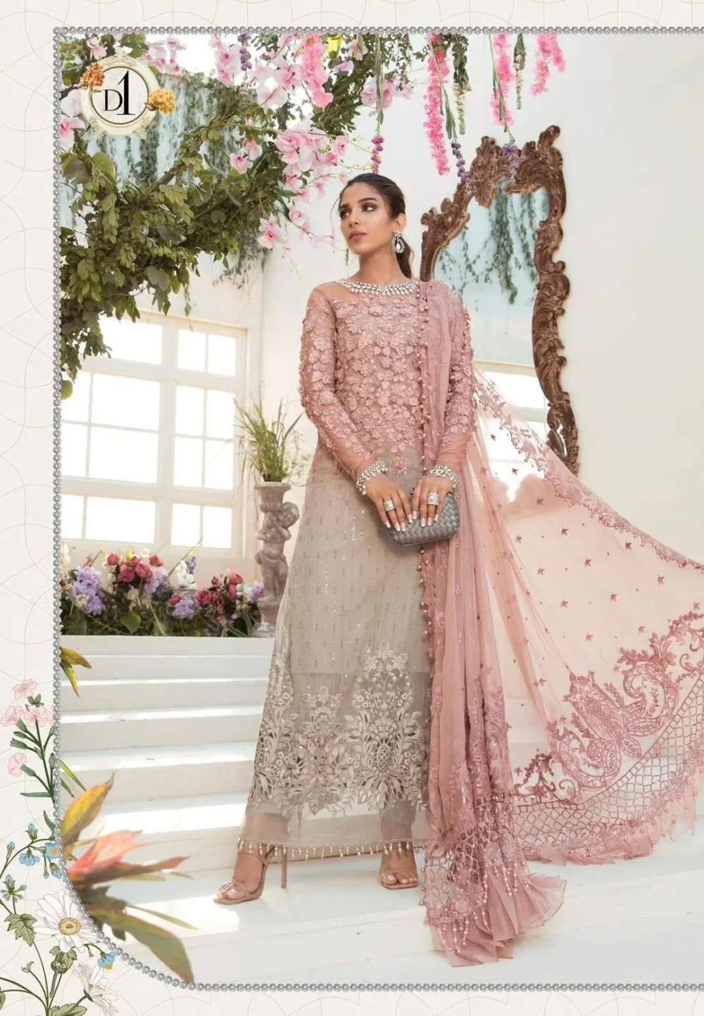 Exquisite 3 Pcs Chiffon Embroidered Suit in Pink - Image 1