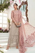 Exquisite 3 Pcs Chiffon Embroidered Suit in Pink - Image 2